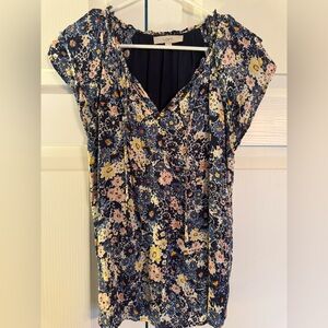 Loft Navy Floral Print Blouse with Button and Tie Detail